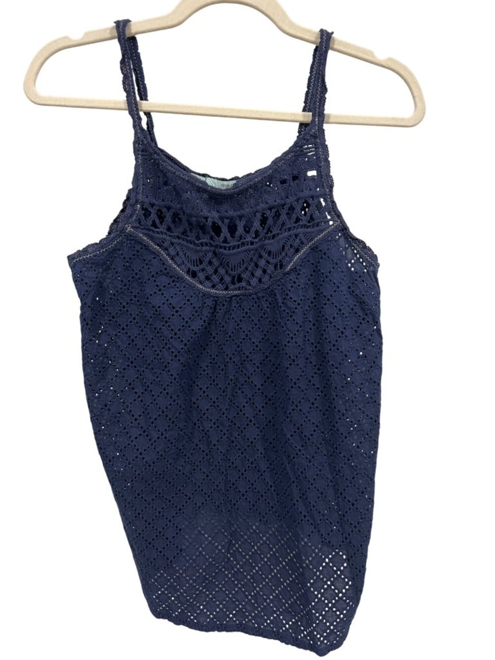 Maurices Eyelet Tank Top Medium Crochet Neckline Sleeveless Tie Back Navy Blue